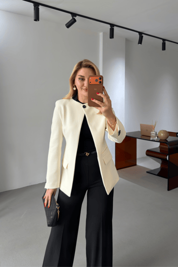 Ekru Hakim Yaka Tek Düğmeli Blazer Ceket