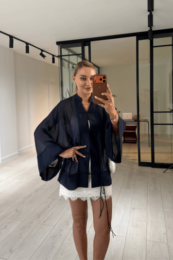 Hakim Yaka Lacivert Transparan Kimono Gömlek