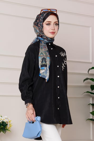 Pearl embroidered front tunic- black color 