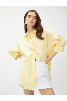 Sarı Oversize Poplin Gömlek Cepli Pamuklu
