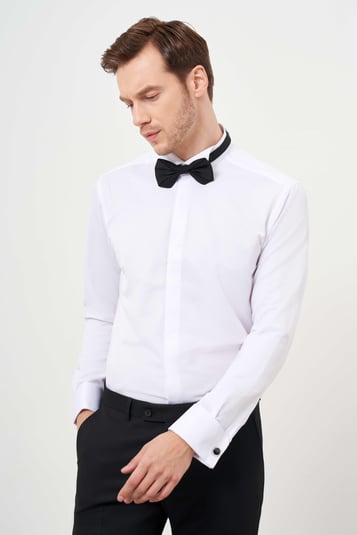 Morven Erkek Beyaz Manşetli Jakar Desen Ata Yaka Slim Fit Gömlek