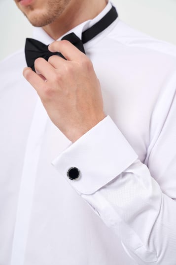 Morven Erkek Beyaz Manşetli Jakar Desen Ata Yaka Slim Fit Gömlek
