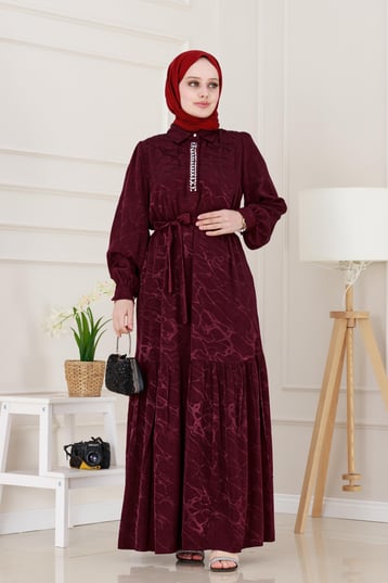 Yakası Taşlı Jakar Saten Abiye Elbise-Bordo