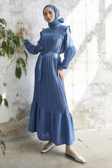 Shoulder Ruffle Pleated Linen Indigo Dress