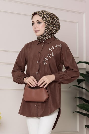 Pearl embroidered front tunic- brown color 