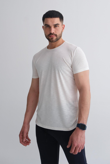 Bisiklet Yaka Framlı Ekru Modal Düz T-Shirt