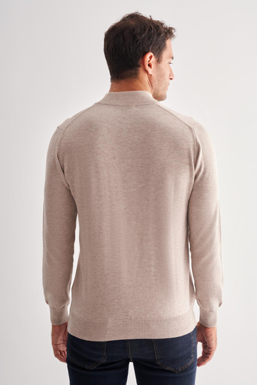 Açık Bej Fermuarlı Dik Yaka Uzun Kol Cepsiz Comfort Fit Classic Pamuklu Triko Kazak 1012255201