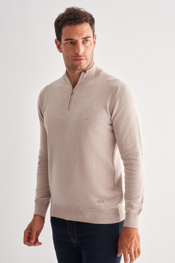 Açık Bej Fermuarlı Dik Yaka Uzun Kol Cepsiz Comfort Fit Classic Pamuklu Triko Kazak 1012255201