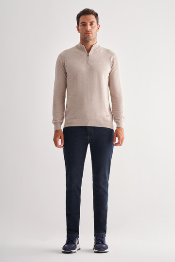 Açık Bej Fermuarlı Dik Yaka Uzun Kol Cepsiz Comfort Fit Classic Pamuklu Triko Kazak 1012255201