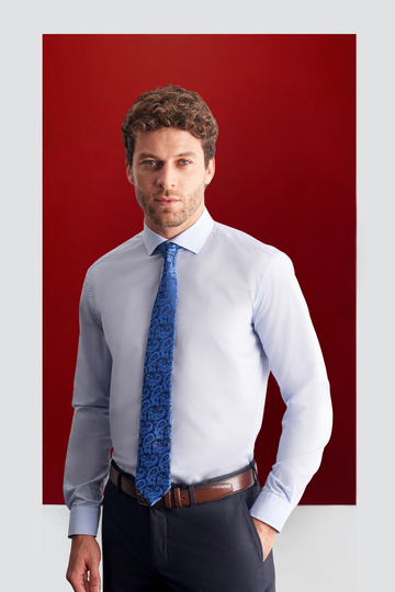 Açık Mavi Yarım İtalyan Yaka Uzun Kol Easy To Iron Slim Fit Pamuklu Gömlek 1004255301