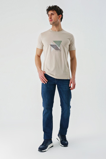 Bej Baskılı Bez Ayağı Bisiklet Yaka %100 Pamuk Casual Slim Fit Dar Kesim Tişört 1011240168