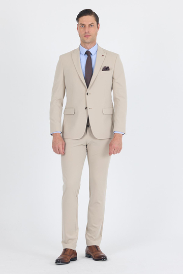 Bej Kırlangıç Yaka Kelebek Astar 6 Drop Slim Fit   Beli Lastikli Takım Elbise 1001250176