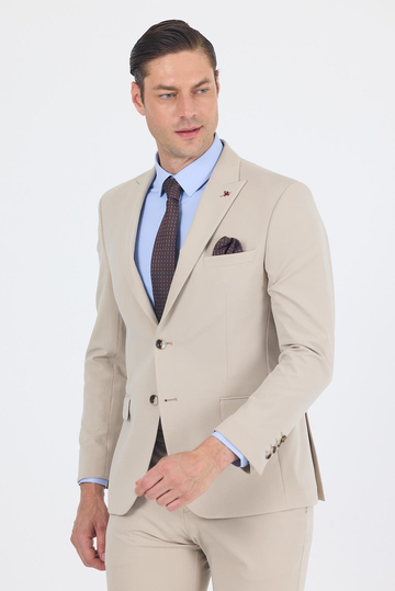 Bej Kırlangıç Yaka Kelebek Astar 6 Drop Slim Fit   Beli Lastikli Takım Elbise 1001250176