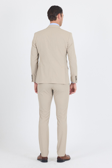 Bej Mono Yaka Yarım Astar 6 Drop Slim Fit   Beli Lastikli Takım Elbise 1001250121