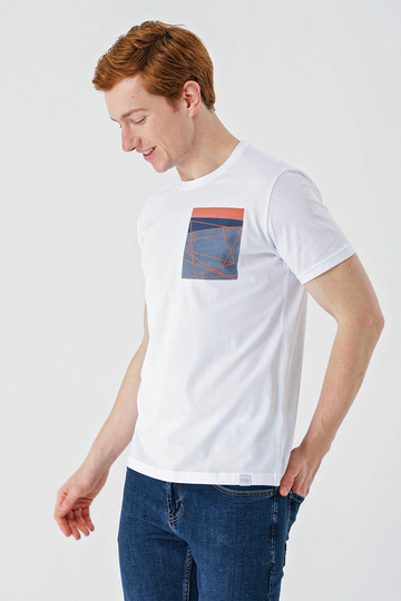 Beyaz Baskılı Bez Ayağı Bisiklet Yaka %100 Pamuk Casual Slim Fit Dar Kesim Tişört 1011240169