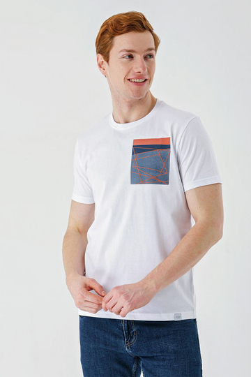 Beyaz Baskılı Bez Ayağı Bisiklet Yaka %100 Pamuk Casual Slim Fit Dar Kesim Tişört 1011240169