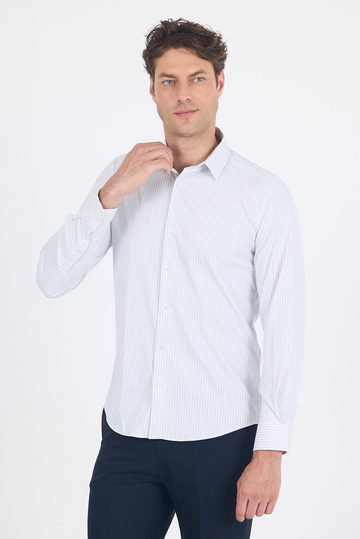 Beyaz Uzun Kol Sert Yaka Cepsiz Easy To Iron Slim Fit Esnek Gömlek 1004250230