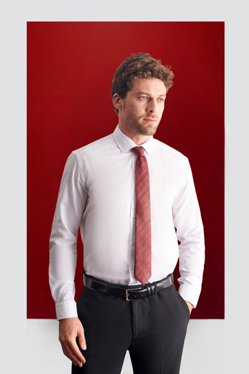 Beyaz Yarım İtalyan Yaka Uzun Kol Easy To Iron Slim Fit Pamuklu Gömlek 1004255301