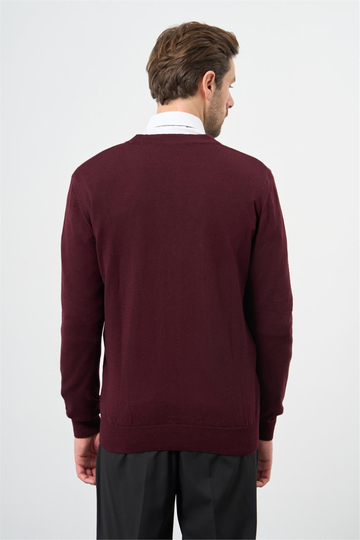 Bordo Uzun Kol Düz Örme V Yaka Classic Comfort Fit Triko 1012245016