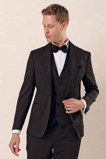 Siyah Desenli Çıkarılabilir Şal Yaka Yelekli 6 Drop Slim Fit Smokin Damatlık Takım 1001230210