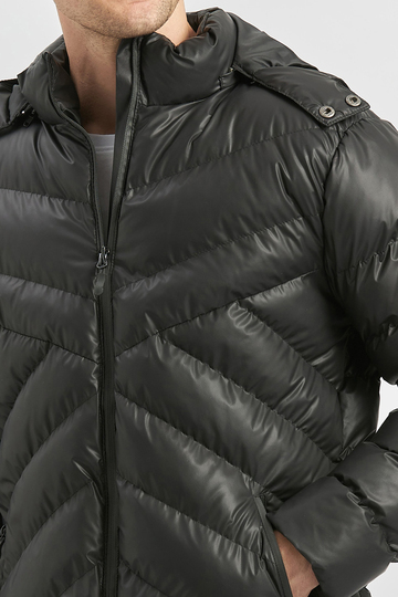 Siyah Dolumlu Çıkarılabilir Kapüşonlu Astarlı Slim Fit Dar Kesim Casual Mont 1007245151