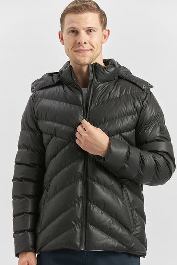 Siyah Dolumlu Çıkarılabilir Kapüşonlu Astarlı Slim Fit Dar Kesim Casual Mont 1007245151