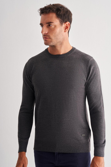 Füme Bisiklet Yaka Uzun Kol Cepsiz Comfort Fit Classic Pamuklu Triko Kazak 1012255206