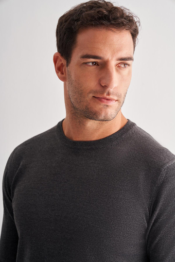 Füme Bisiklet Yaka Uzun Kol Cepsiz Comfort Fit Classic Pamuklu Triko Kazak 1012255206