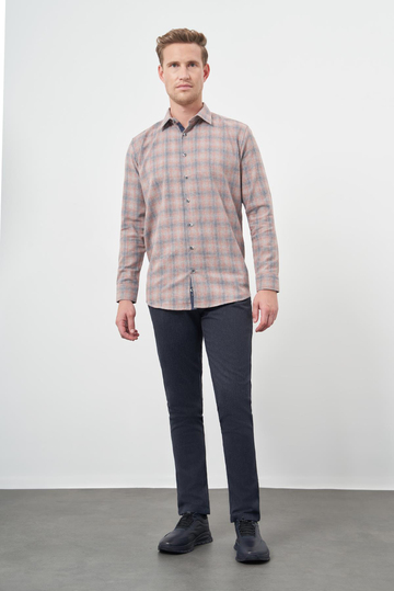 Füme Uzun Kol Ekose Desen Gabardin Sert Yaka Cepsiz Pamuklu Classic Comfort Fit Gömlek 1004245165