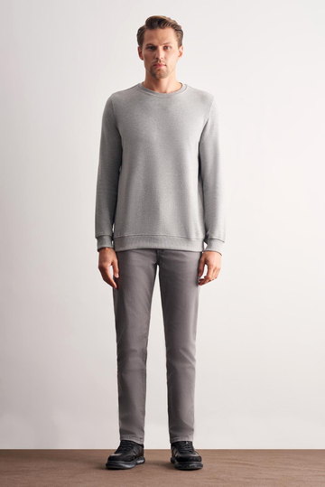 Gri Uzun Kol Bisiklet Yaka Düz Pamuklu Comfort Fit Sweatshirt 1013255150