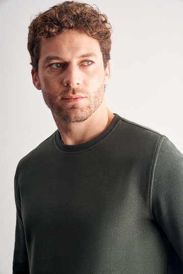 Haki Uzun Kol Bisiklet Yaka Düz Pamuklu Comfort Fit Sweatshirt 1013255150