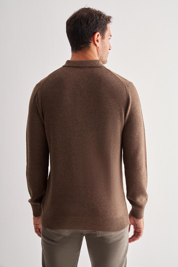 Kahverengi Fermuarlı Polo Yaka Uzun Kol Cepsiz Comfort Fit Casual Pamuklu Triko Kazak 1012255202