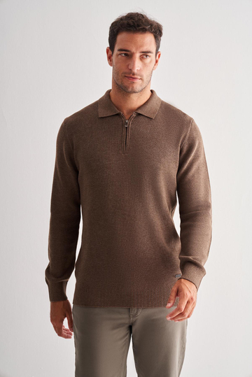 Kahverengi Fermuarlı Polo Yaka Uzun Kol Cepsiz Comfort Fit Casual Pamuklu Triko Kazak 1012255202