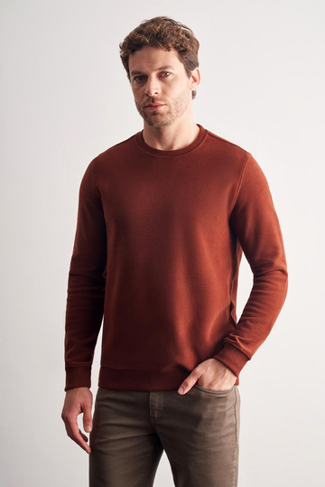 Kiremit Uzun Kol Bisiklet Yaka Düz Pamuklu Comfort Fit Sweatshirt 1013255150