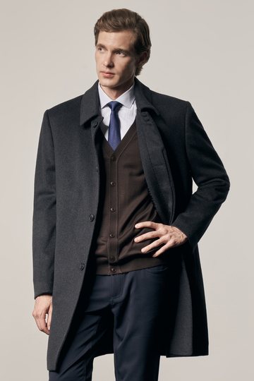 Koyu Antrasit 110 Cm Kaşe Düz Sırt Kapitoneli Astar Comfort Fit Classic Palto 1005255154