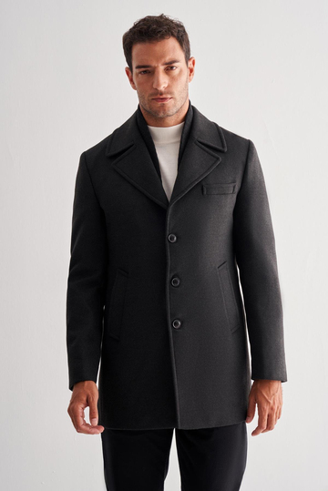 Koyu Antrasit Mono Yaka Classic Comfort Fit Esnek Kaşe Kaban 1008255160