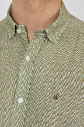 Koyu Haki Uzun Kol Baskılı Cepsiz Keten Casual Comfort Fit Gömlek 1004250112