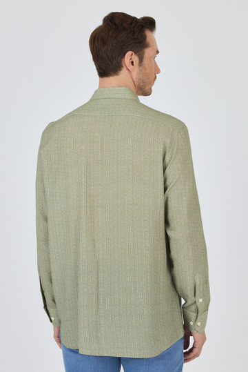 Koyu Haki Uzun Kol Baskılı Cepsiz Keten Casual Comfort Fit Gömlek 1004250112