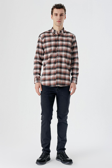 Koyu Haki Uzun Kollu Ekoseli Bez Ayağı Düğmeli Yaka Cepli Pamuklu Comfort Fit Gömlek 1004235173