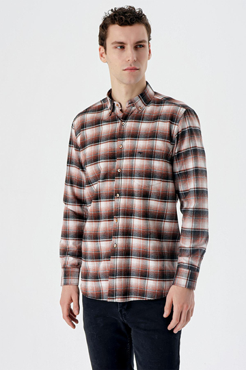 Koyu Haki Uzun Kollu Ekoseli Bez Ayağı Düğmeli Yaka Cepli Pamuklu Comfort Fit Gömlek 1004235173