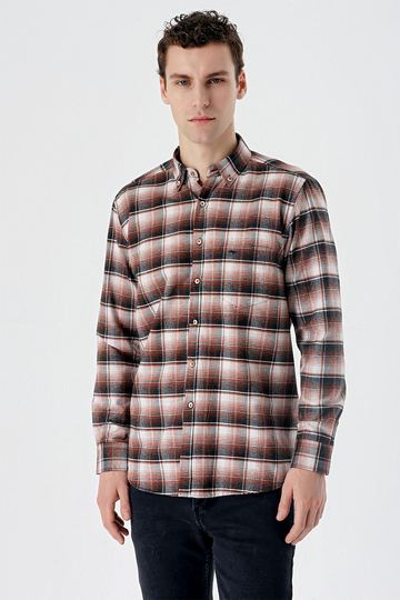 Koyu Haki Uzun Kollu Ekoseli Bez Ayağı Düğmeli Yaka Cepli Pamuklu Comfort Fit Gömlek 1004235173