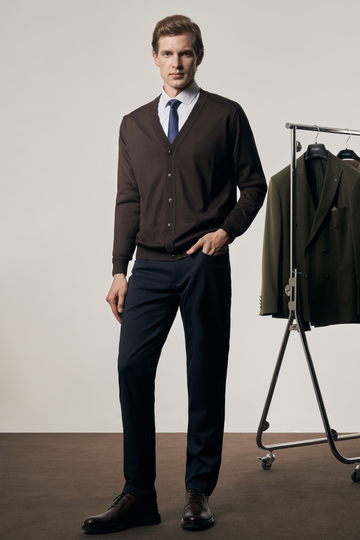 Koyu Kahverengi V Yaka Cepsiz Comfort Fit Classic Pamuklu Triko Hırka 1012255016