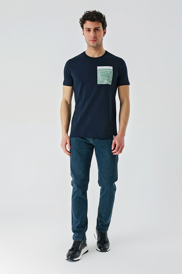 Koyu Lacivert Baskılı Bisiklet Yaka Casual Slim Fit Tişört 1011240169