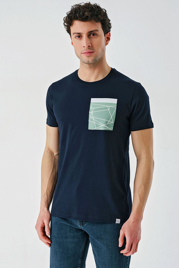 Koyu Lacivert Baskılı Bisiklet Yaka Casual Slim Fit Tişört 1011240169