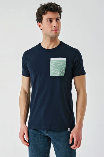 Koyu Lacivert Baskılı Bisiklet Yaka Casual Slim Fit Tişört 1011240169