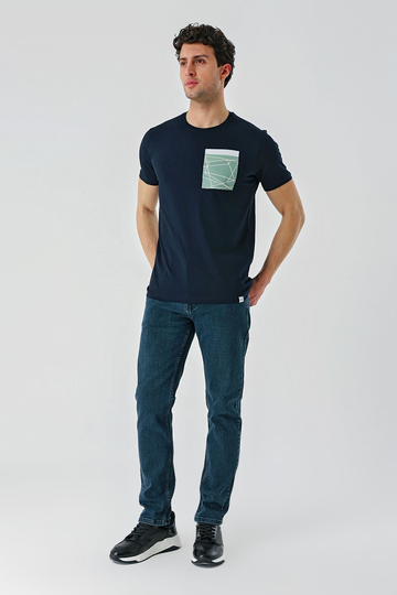 Koyu Lacivert Baskılı Bisiklet Yaka Casual Slim Fit Tişört 1011240169