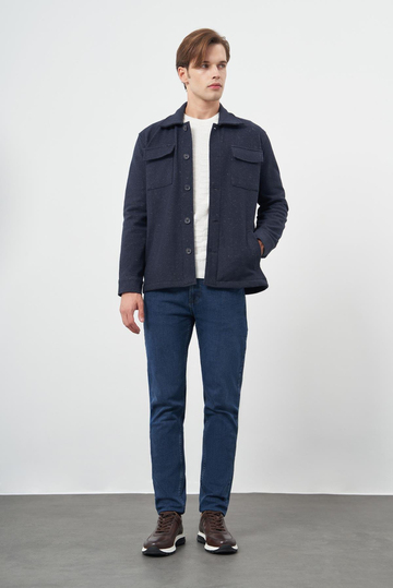 Koyu Lacivert Örme Polo Yaka Jakarlı Desen Yırtmaçsız Astarsız Slim Fit Classic Mont 1007245160