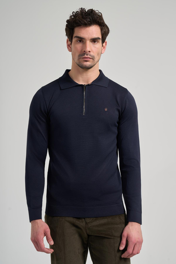 Koyu Lacivert Polo Yaka Düz Casual Pamuklu Slim Fit Triko 1012245250