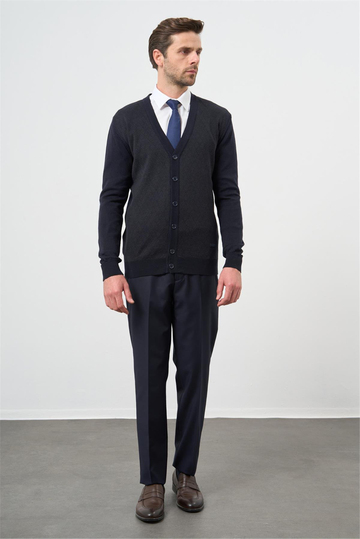 Koyu Lacivert Uzun Kol Kendinden Desenli Örme V Yaka Classic Comfort Fit Triko 1012245161