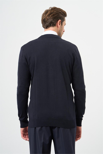 Koyu Lacivert Uzun Kol Kendinden Desenli Örme V Yaka Classic Comfort Fit Triko 1012245161